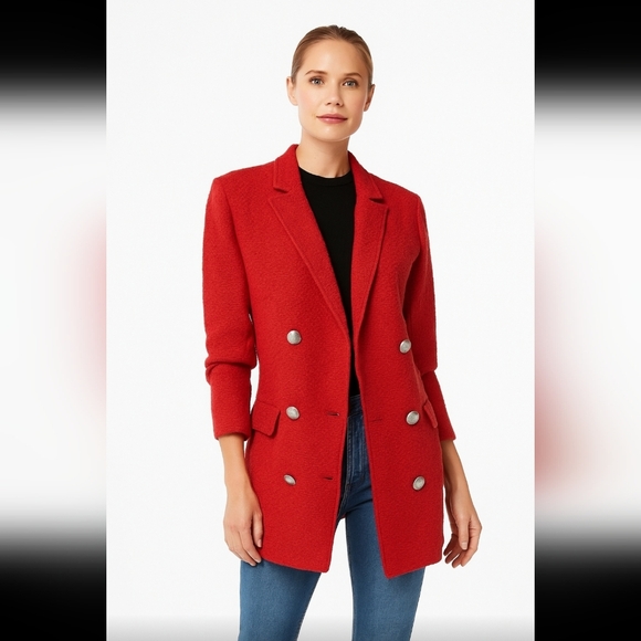 St. John Womens Red Wool Blend Boucle Designer Blazer Jacket 14 - Picture 1 of 15